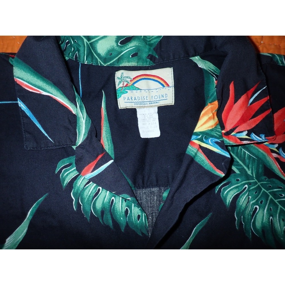 Paradise Found Men Bird of Paradise Floral Hawaiian Aloha Shirt Black XL Vintage